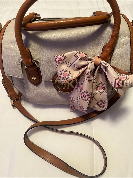 Michael Kors Handbags - Michael Kors Cream and Brown Leather Satchel with Logo w/ Crossbody Strap EUC